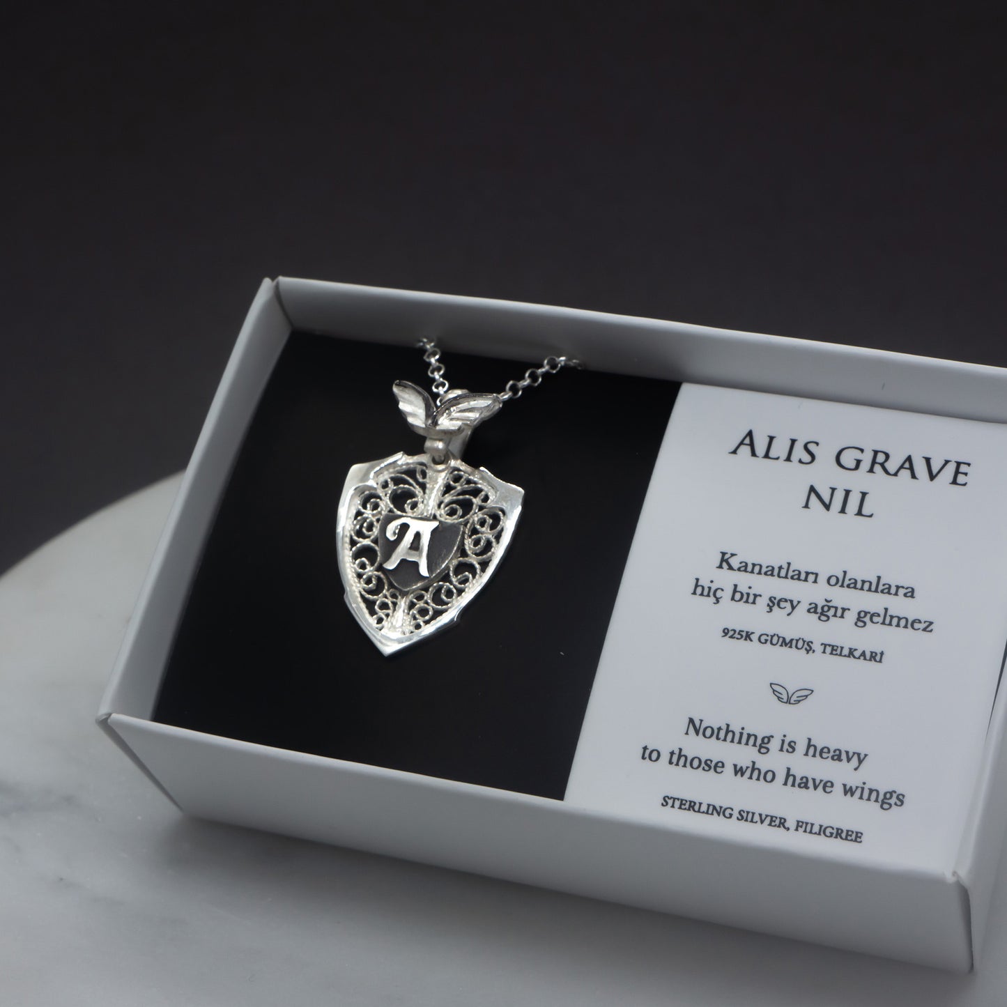 Wing & Personalized Monogram Filigree Shield Necklace in Silver