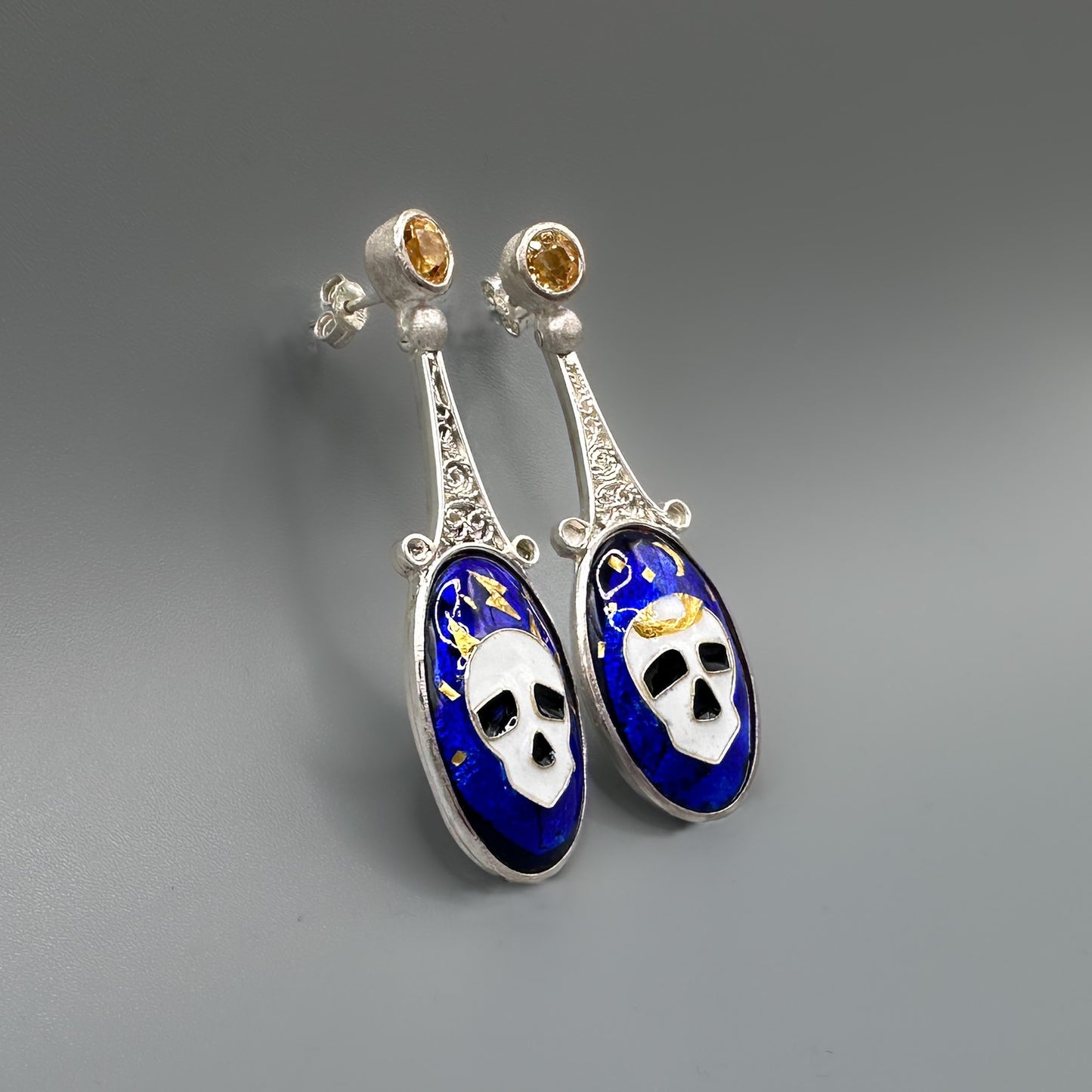 Midnight Memento: Duality Earrings - Filigree, Vitreous Enamel, 24k Gold, Citrine in Silver