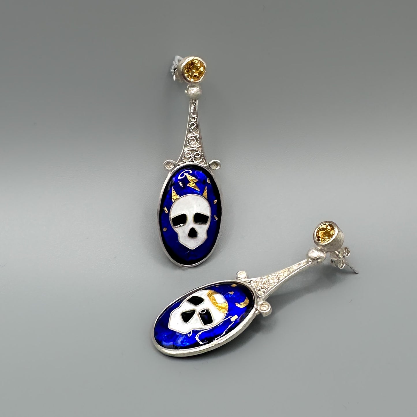 Midnight Memento: Duality Earrings - Filigree, Vitreous Enamel, 24k Gold, Citrine in Silver