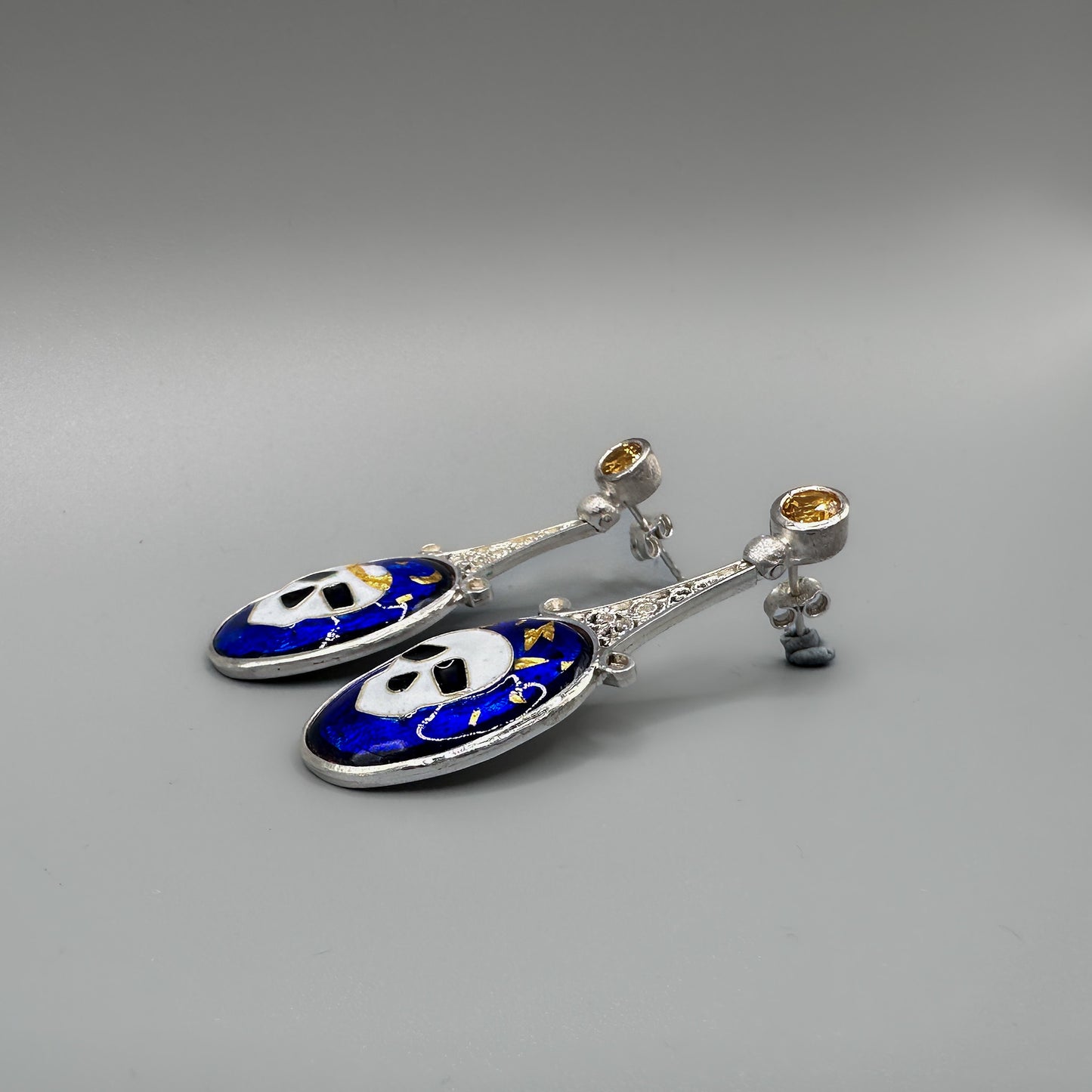 Midnight Memento: Duality Earrings - Filigree, Vitreous Enamel, 24k Gold, Citrine in Silver