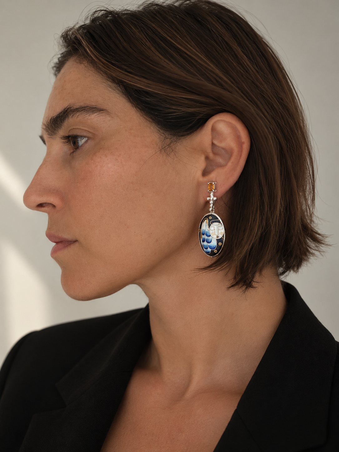 Angelo & Devolo Earrings — Vitreous Enamel, Citrine & Blue Topaz in Silver