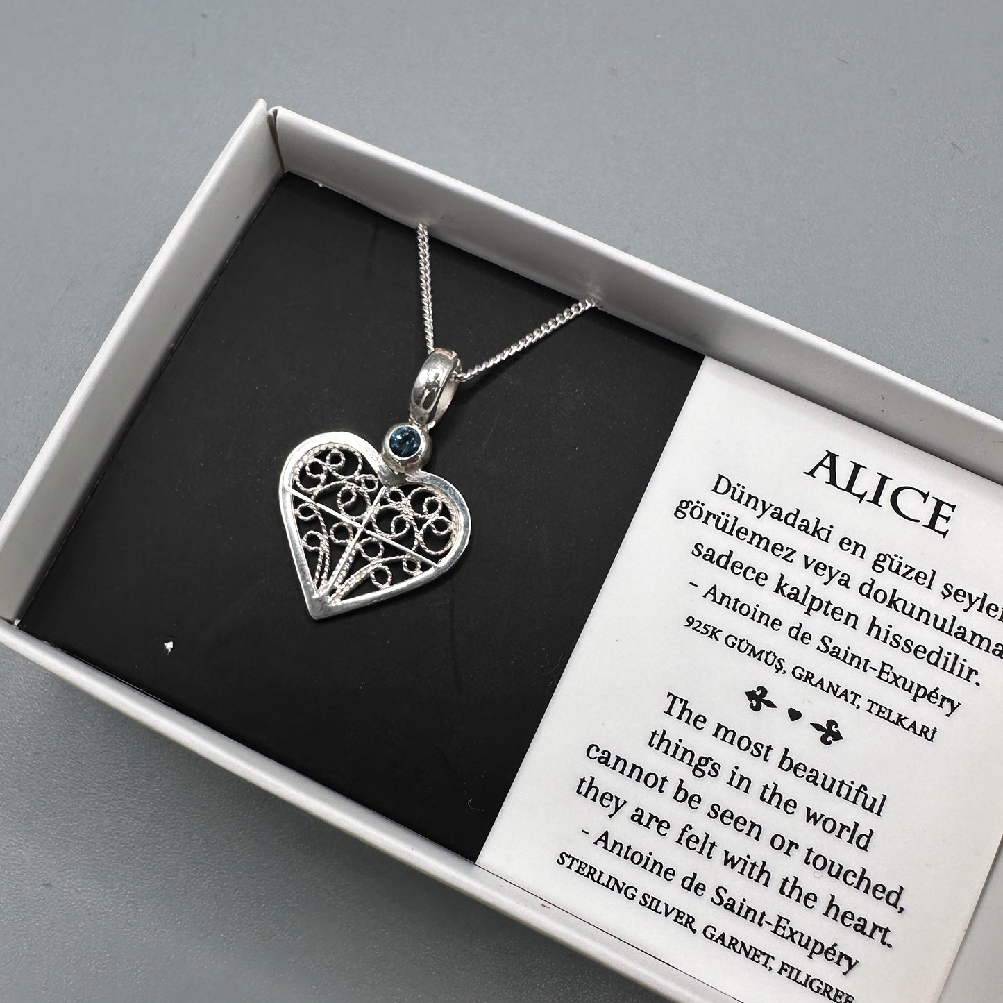 Alice Heart Necklace – London Blue Topaz & Filigree in Silver