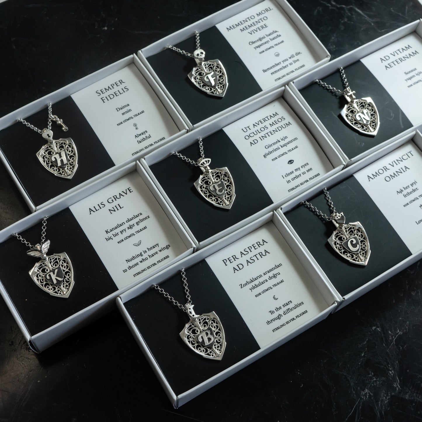 Lock - Key & Personalized Monogram Filigree Shield Necklace in Silver