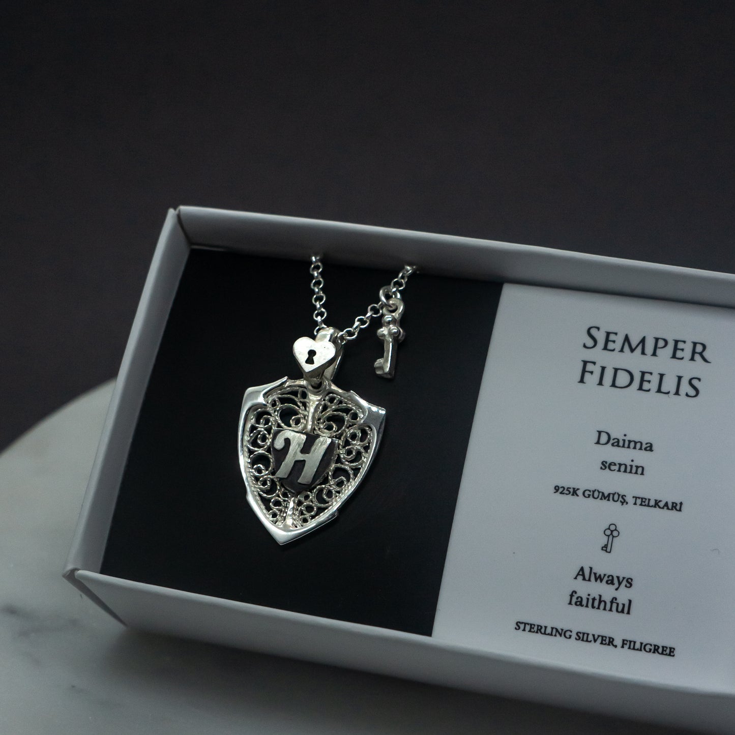 Lock - Key & Personalized Monogram Filigree Shield Necklace in Silver