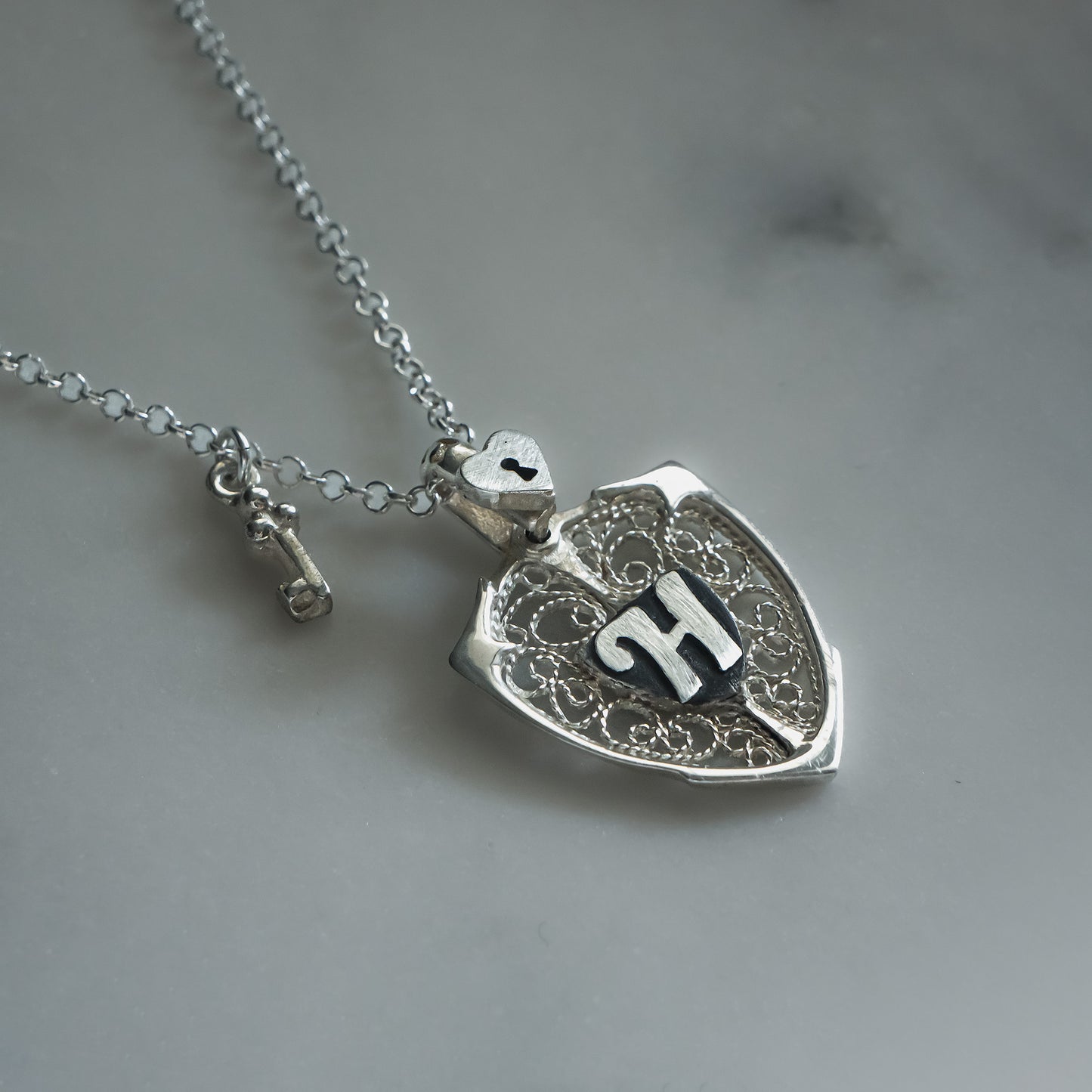 Lock - Key & Personalized Monogram Filigree Shield Necklace in Silver