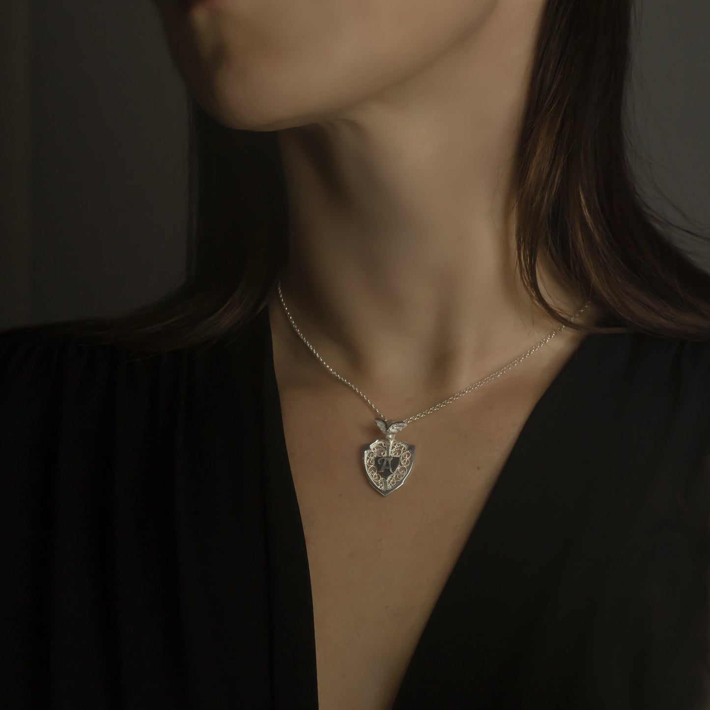 Lock - Key & Personalized Monogram Filigree Shield Necklace in Silver