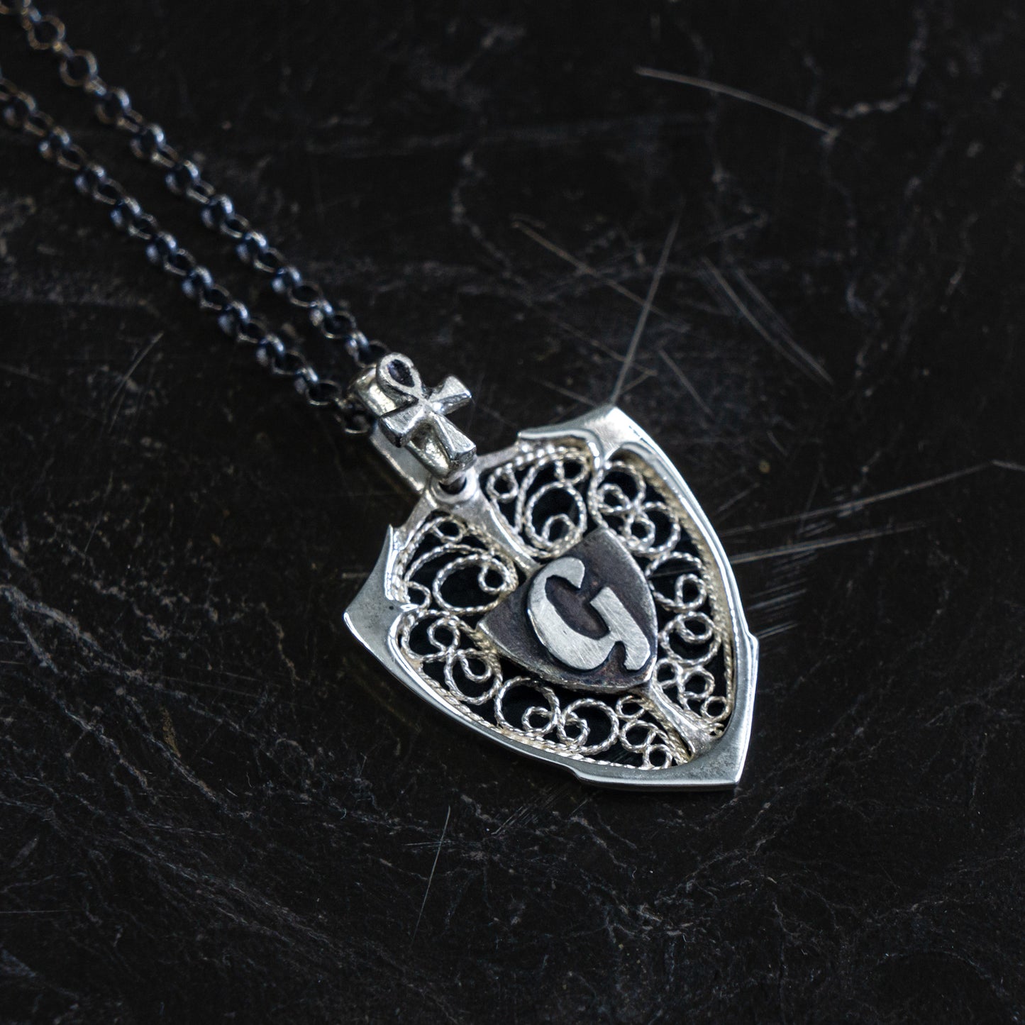 Ankh & Personalized Monogram Filigree Shield Necklace in Silver