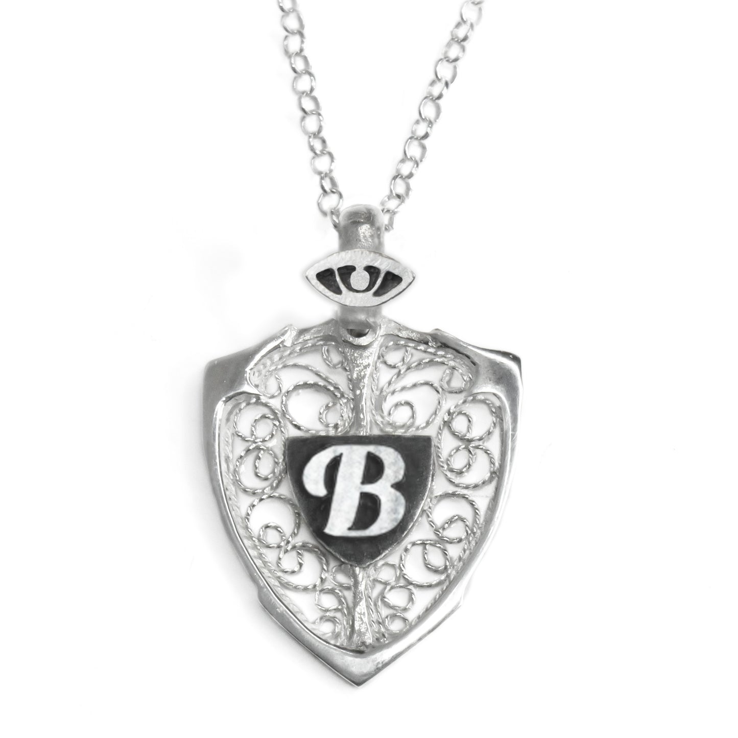 Eye & Personalized Monogram Filigree Shield Necklace in Silver