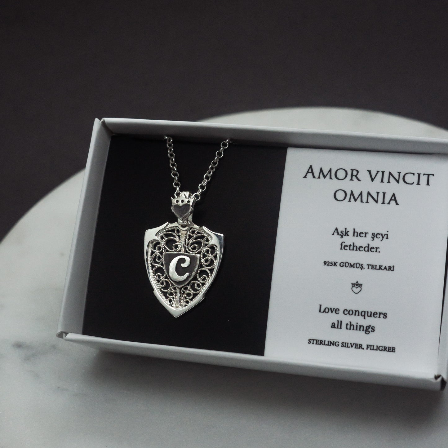 Crowned Heart & Personalized Monogram Filigree Shield Necklace in Silver