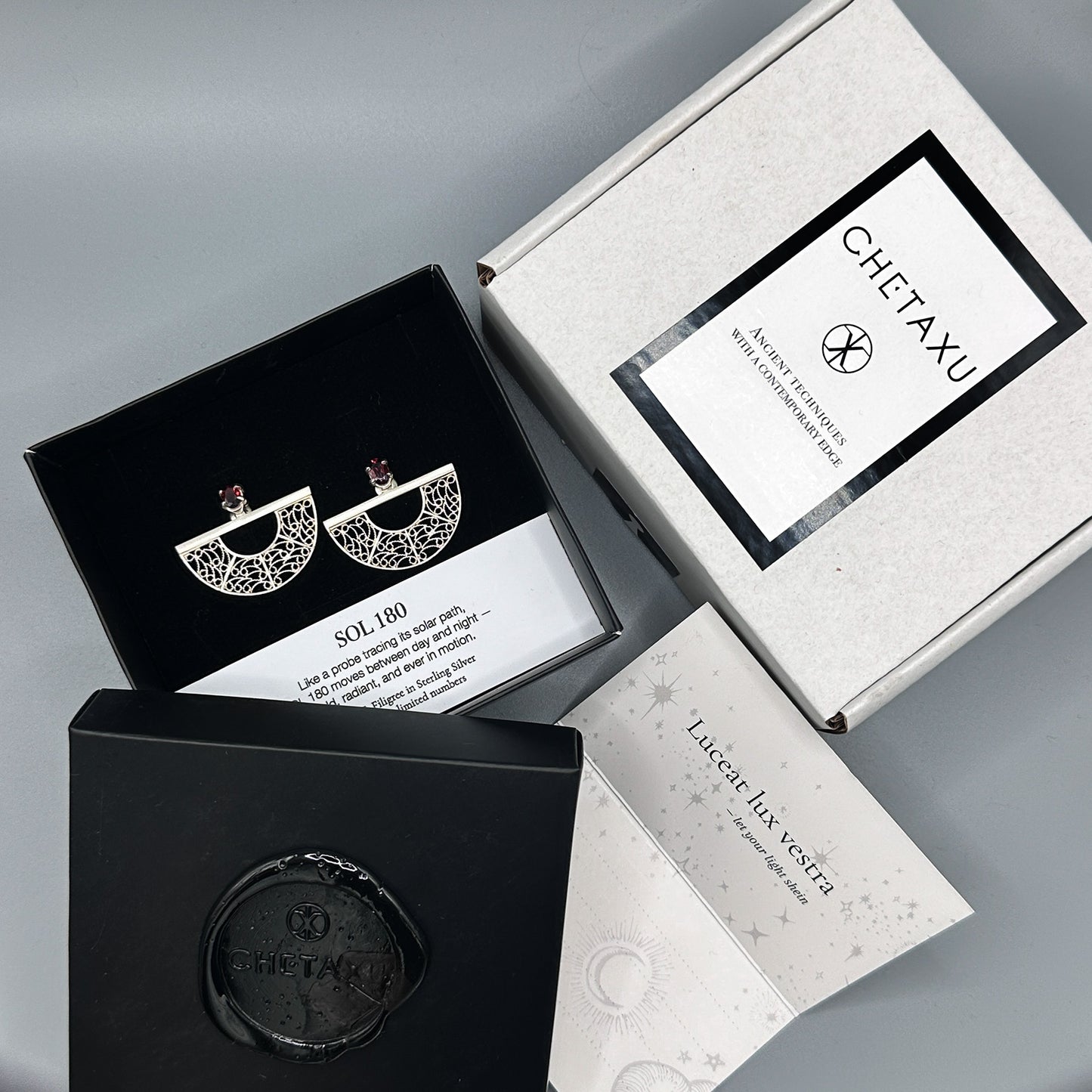 SOL 180 Ear Jackets – Garnet & Filigree in Sterling Silver