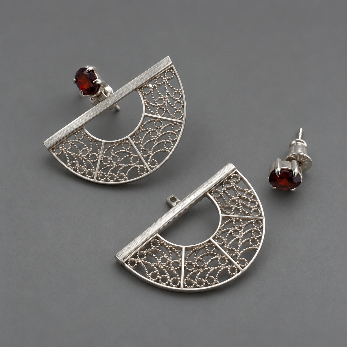 SOL 180 Ear Jackets – Garnet & Filigree in Sterling Silver