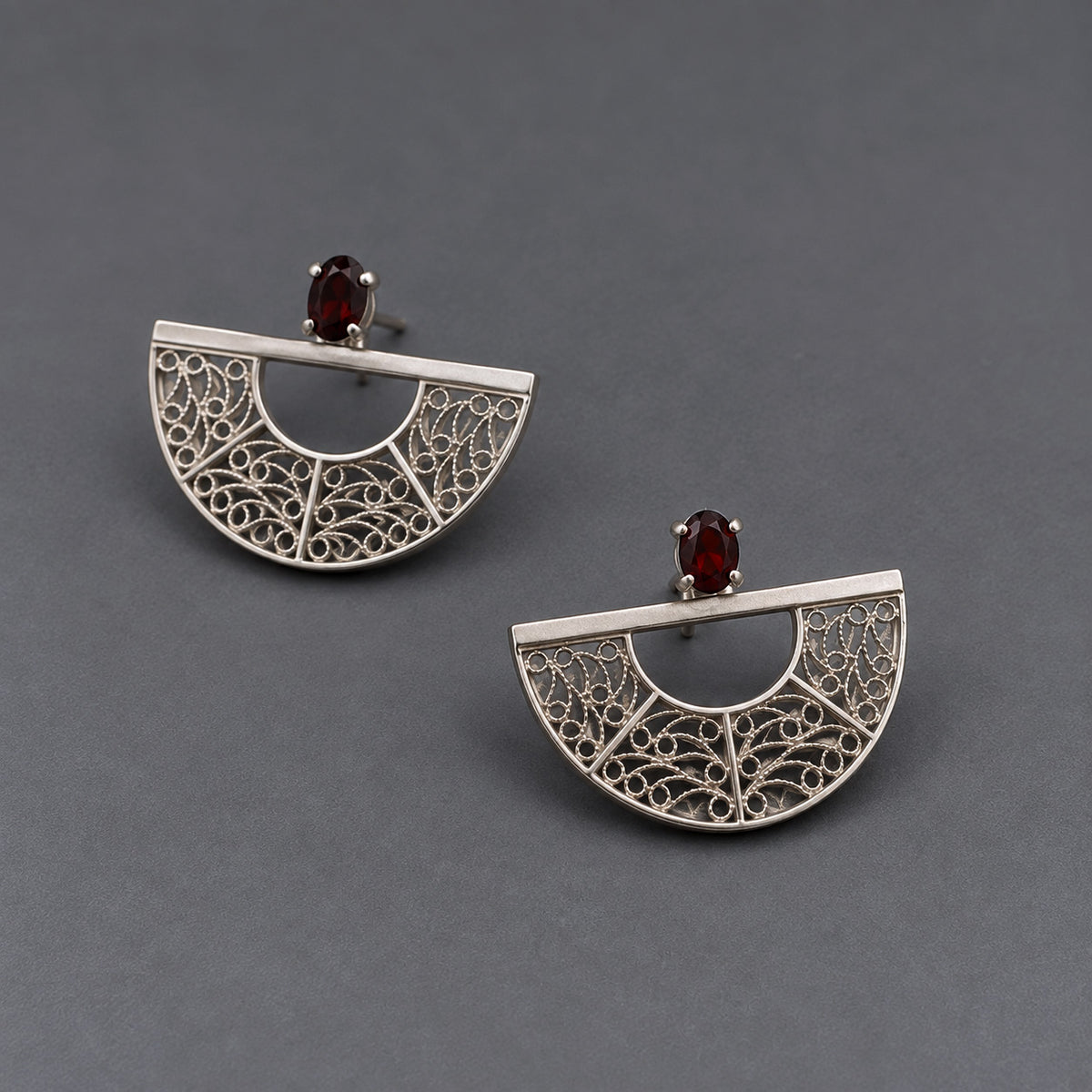 SOL 180 Ear Jackets – Garnet & Filigree in Sterling Silver