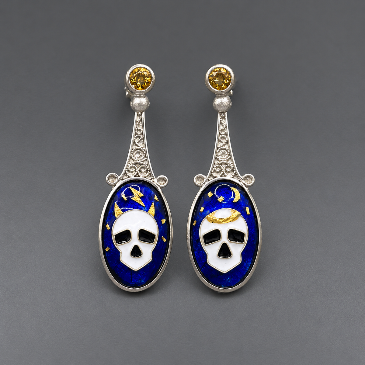 Midnight Memento - Filigree, Vitreous Enamel, 24k Gold, Citrine in Silver
