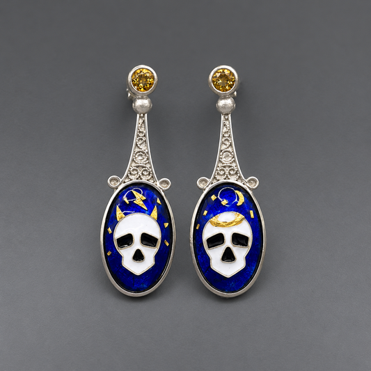 Midnight Memento - Filigree, Vitreous Enamel, 24k Gold, Citrine in Silver