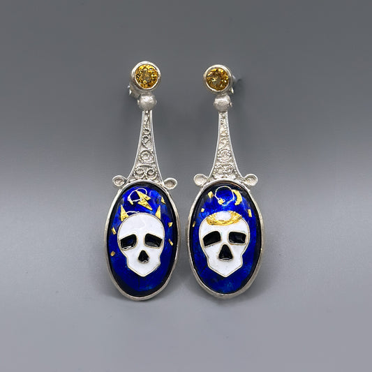 Midnight Memento: Duality Earrings - Filigree, Vitreous Enamel, 24k Gold, Citrine in Silver