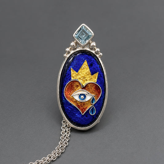 All-Seeing Heart Pendant Necklace - Vitreous Enamel, 24k Gold in Silver