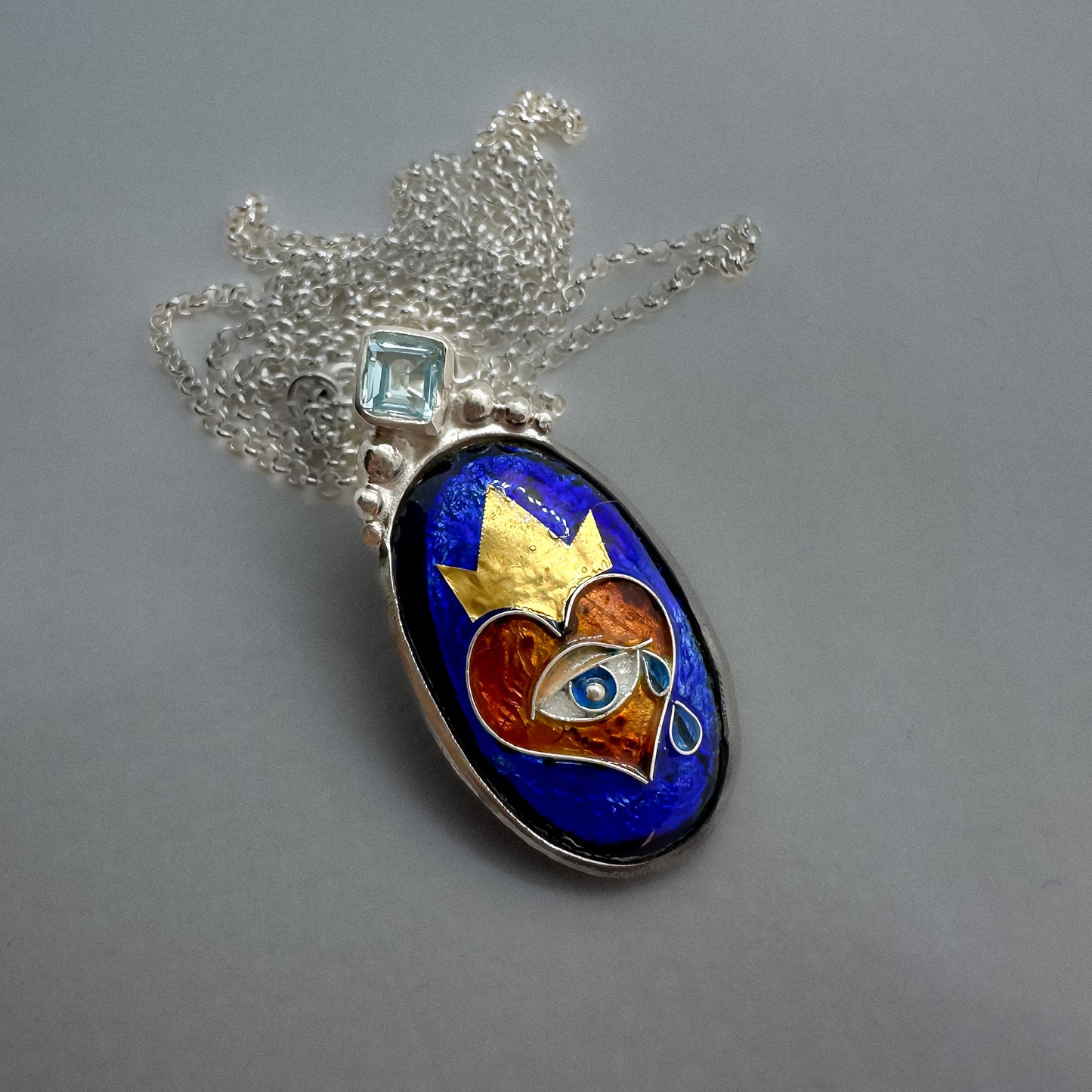 All-Seeing Heart Pendant Necklace - Vitreous Enamel, 24k Gold in Silver