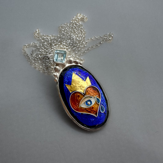 All-Seeing Heart Pendant Necklace - Vitreous Enamel, 24k Gold in Silver