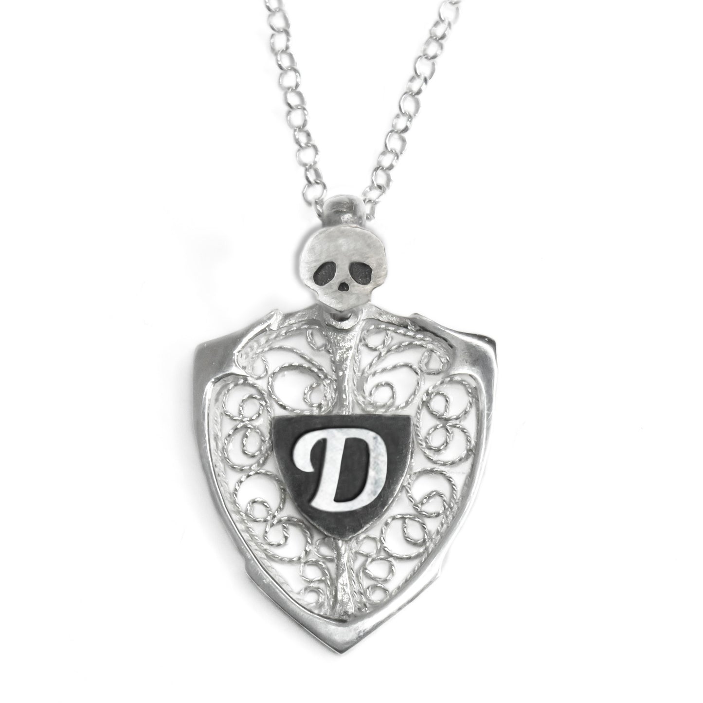Skull & Personalized Monogram Filigree Shield Necklace in Silver