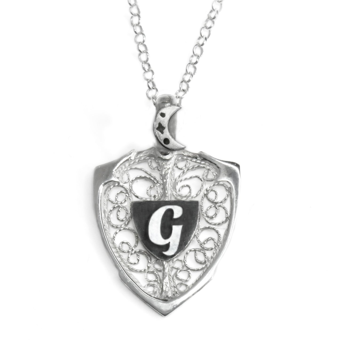 Moon & Personalized Monogram Filigree Shield Necklace in Silver