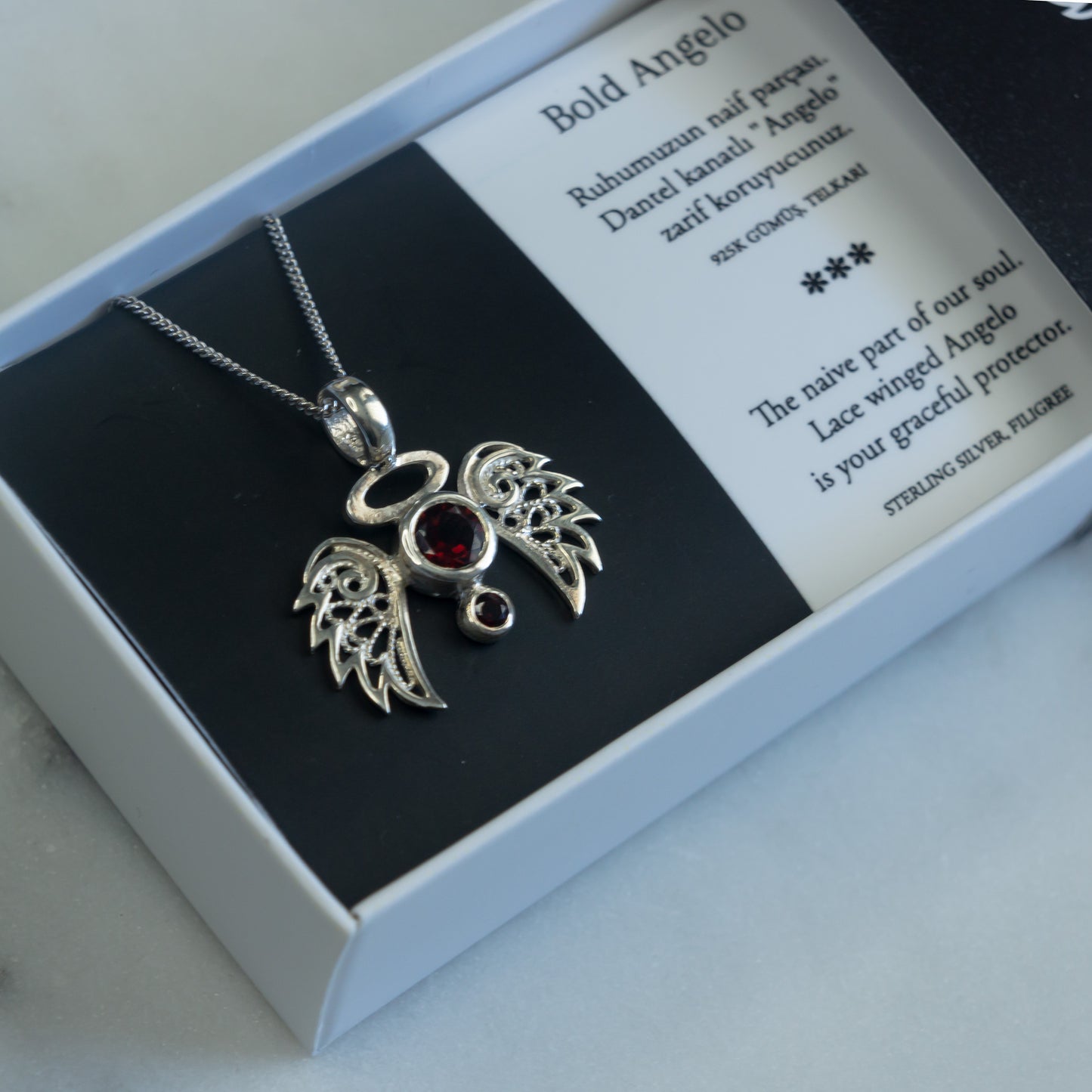 Angelo Necklace - Garnet & Filigree in Silver