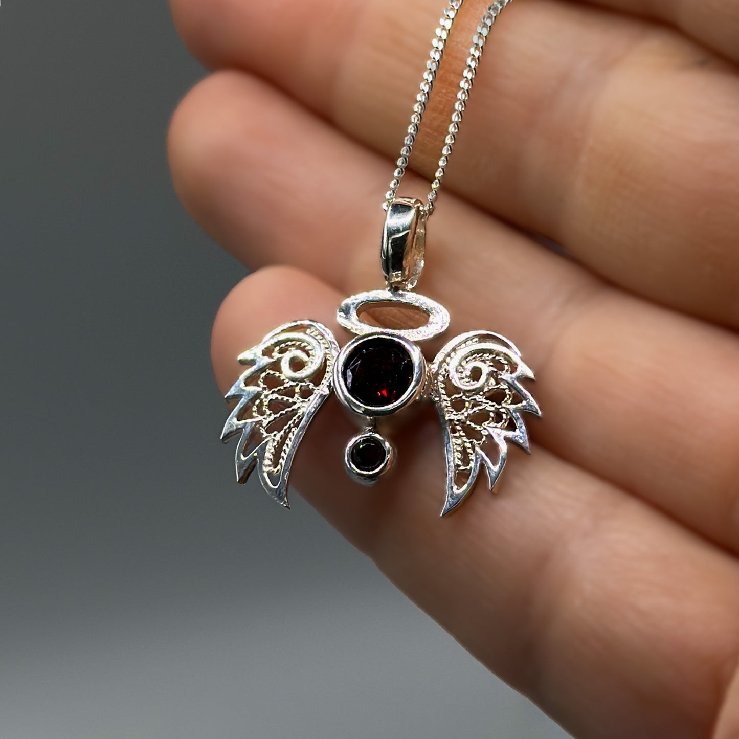 Angelo Necklace - Garnet & Filigree in Silver