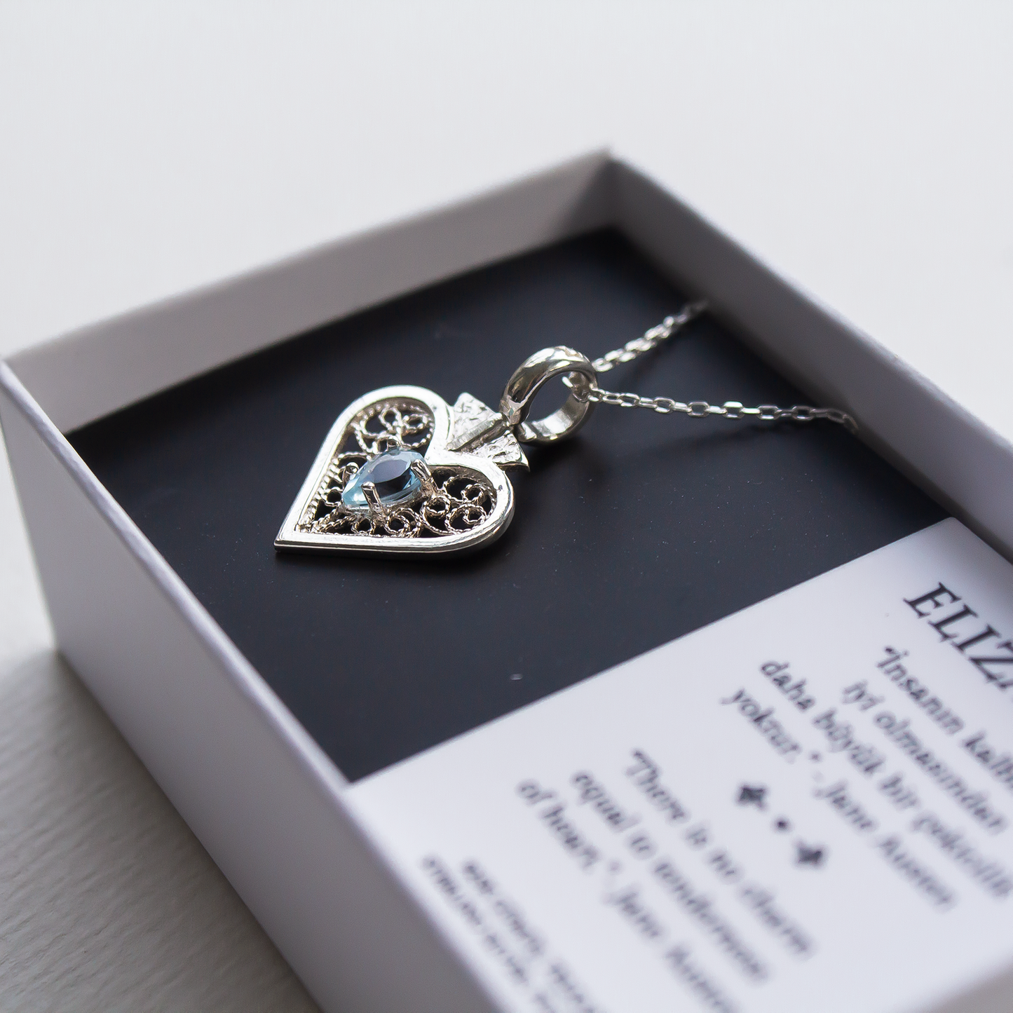 Elizabeth Necklace – Blue Topaz & Filigree in Silver
