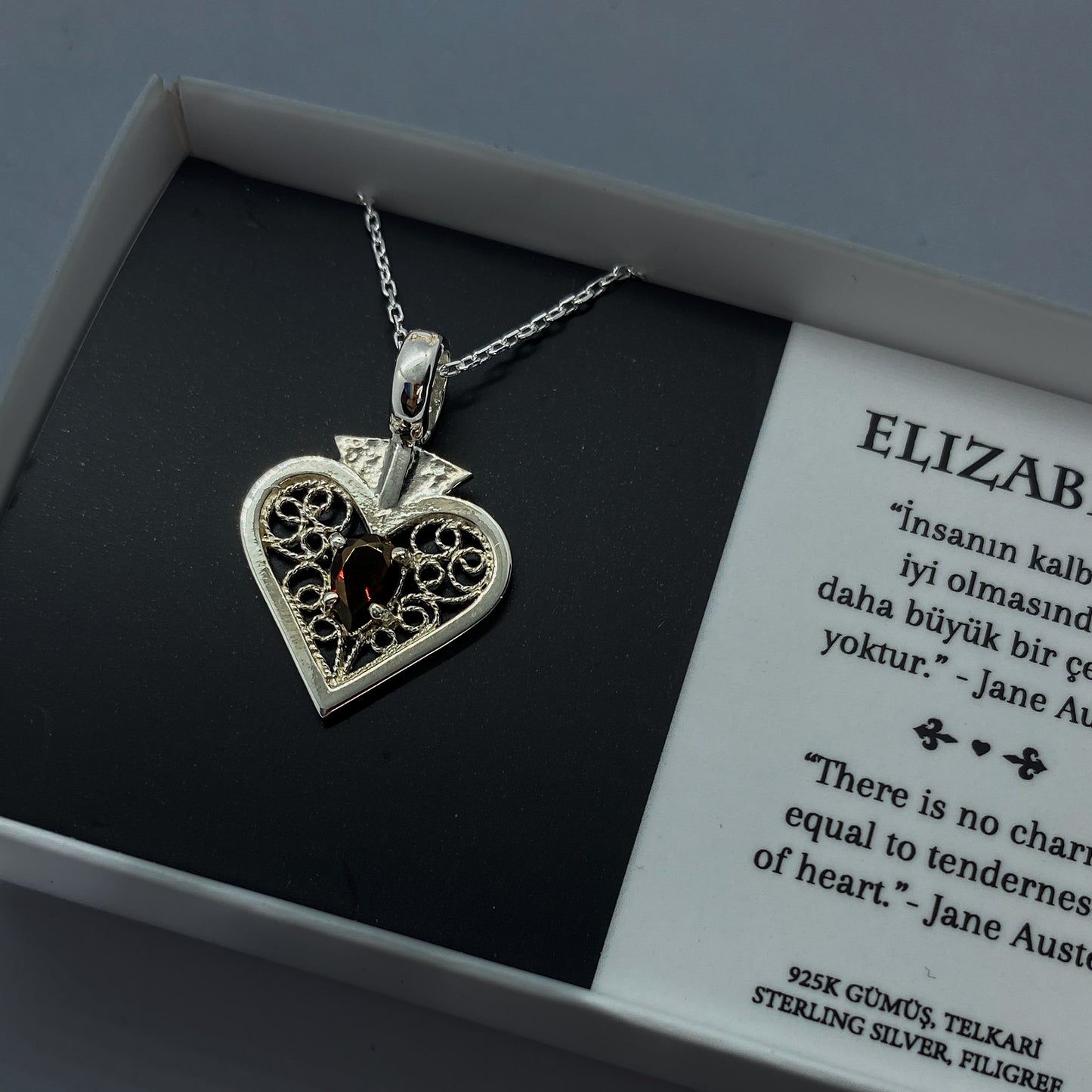 Elizabeth Necklace – Garnet (available in two tones) & Filigree in Silver