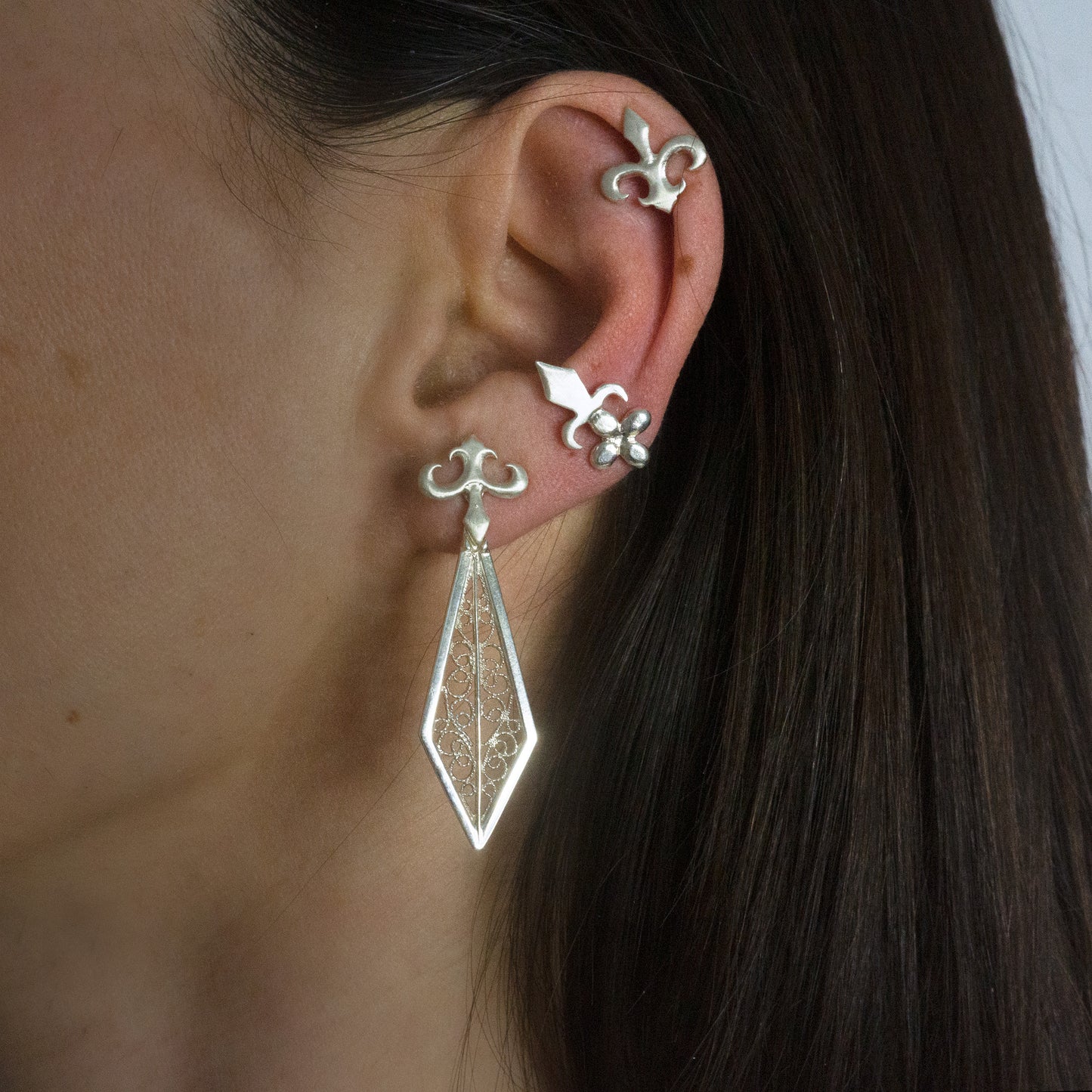 Sword Earring Set – Filigree Ear Jacket & Stud Earrings in Silver