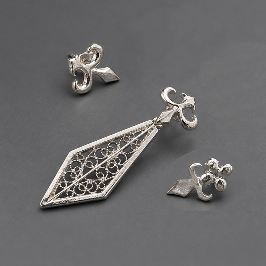 Sword Earring Set – Filigree Ear Jacket & Stud Earrings in Silver