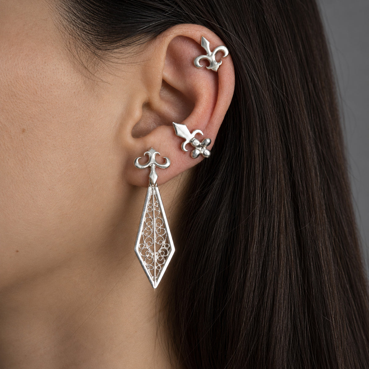 Sword Earring Set – Filigree Ear Jacket & Stud Earrings in Silver