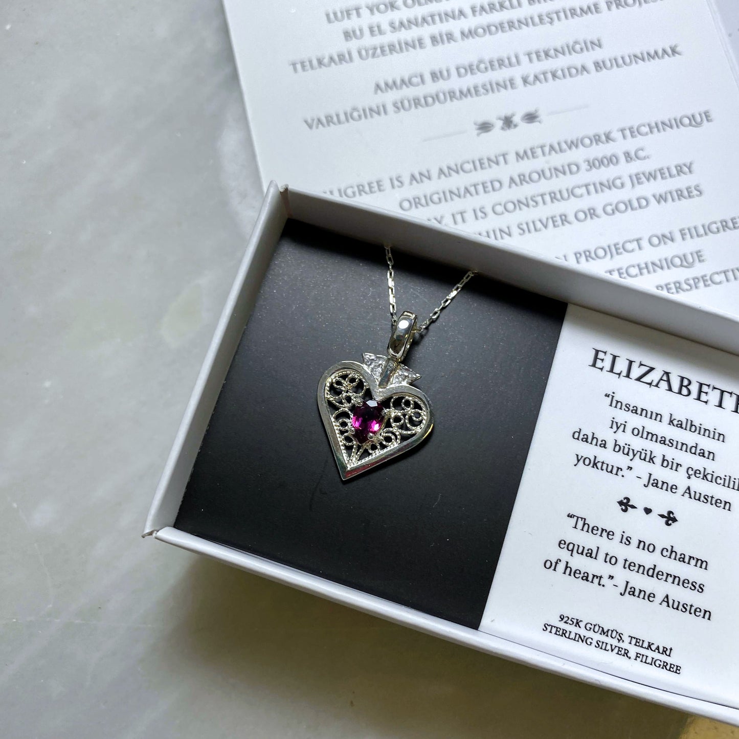 Elizabeth Necklace – Garnet (available in two tones) & Filigree in Silver