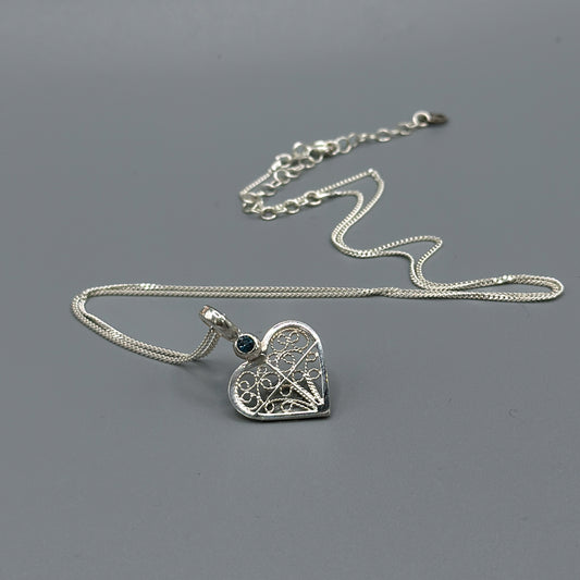 Alice Heart Necklace – London Blue Topaz & Filigree in Silver