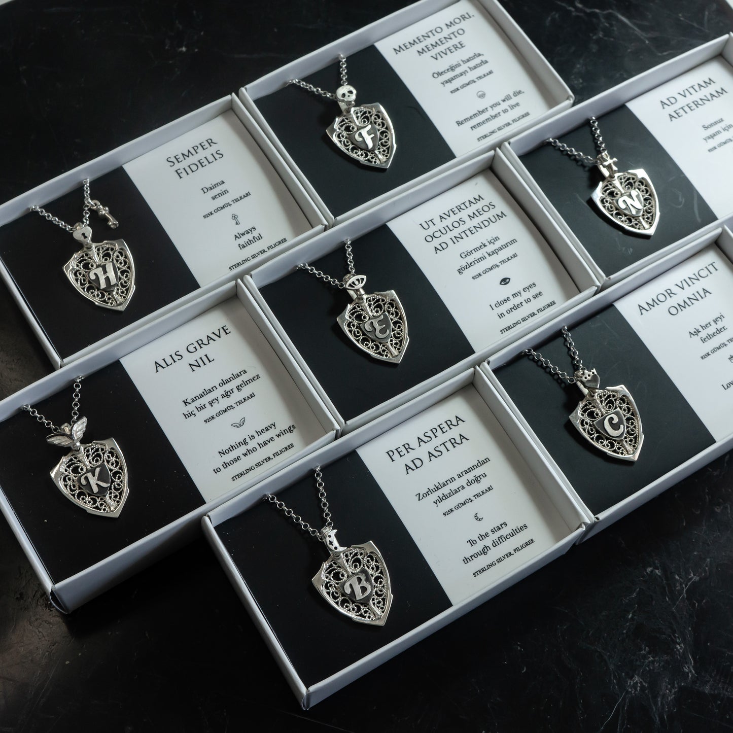 Moon & Personalized Monogram Filigree Shield Necklace in Silver