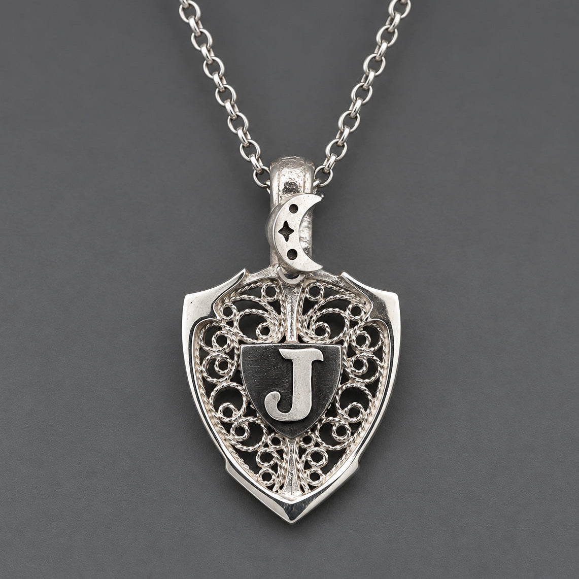 Moon & Personalized Monogram Filigree Shield Necklace in Silver