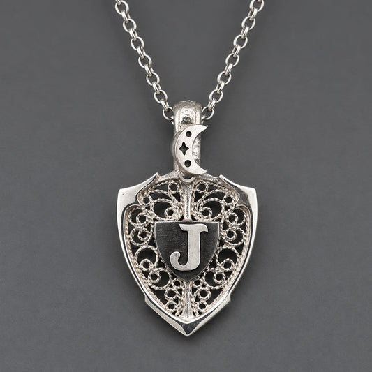 Moon & Personalized Monogram Filigree Shield Necklace in Silver