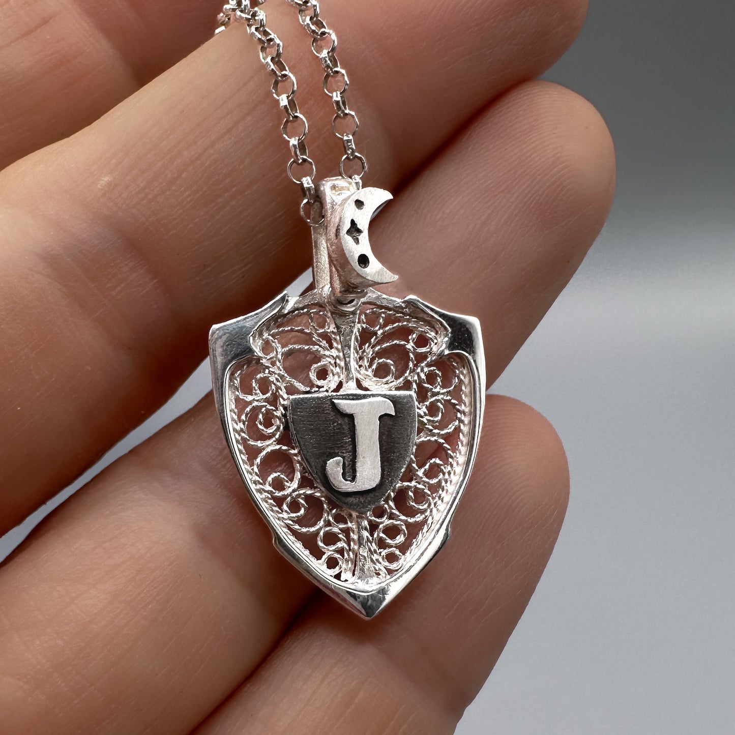 Moon & Personalized Monogram Filigree Shield Necklace in Silver