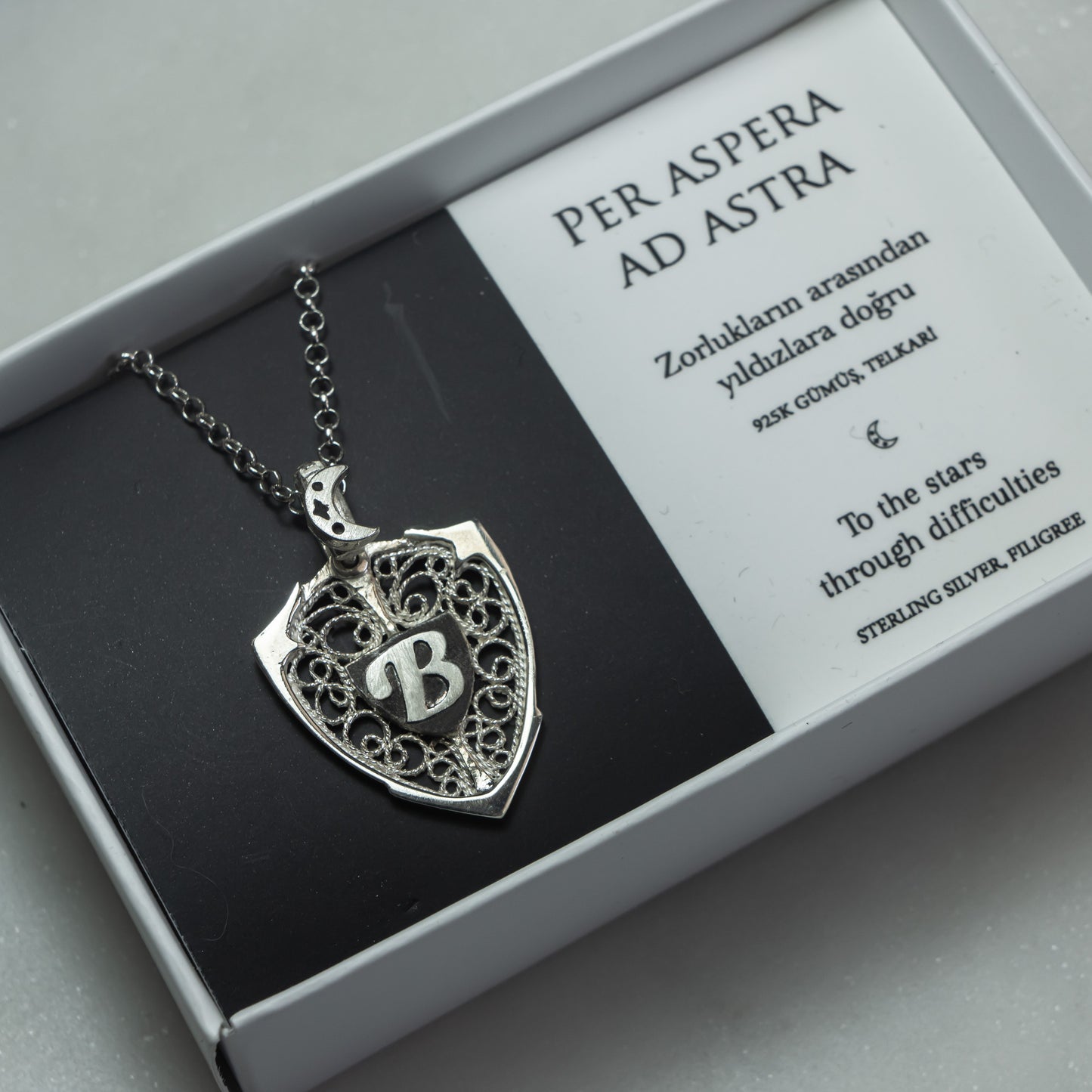 Moon & Personalized Monogram Filigree Shield Necklace in Silver