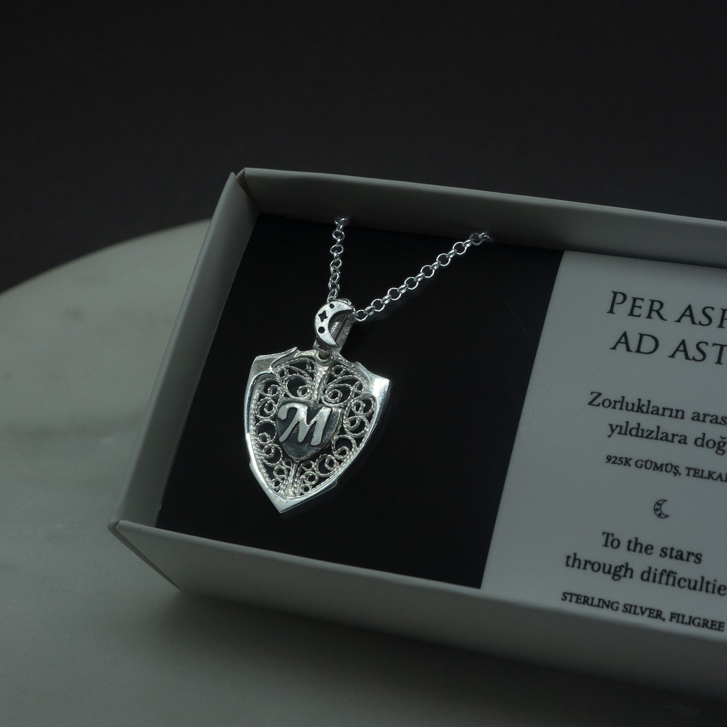 Moon & Personalized Monogram Filigree Shield Necklace in Silver