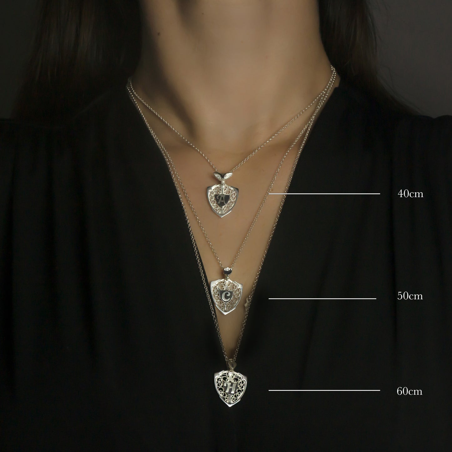 Crowned Heart & Personalized Monogram Filigree Shield Necklace in Silver