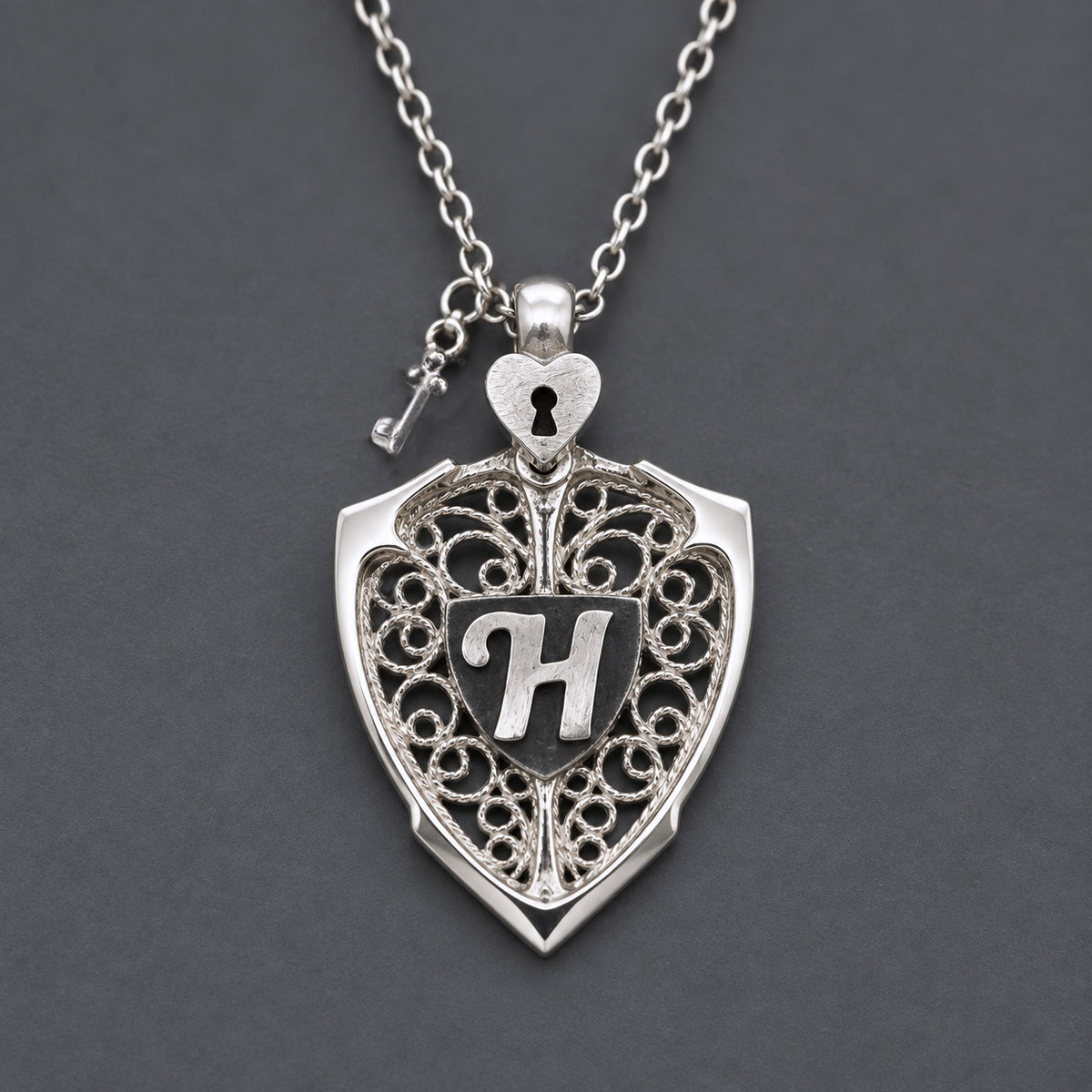 Lock - Key & Personalized Monogram Filigree Shield Necklace in Silver