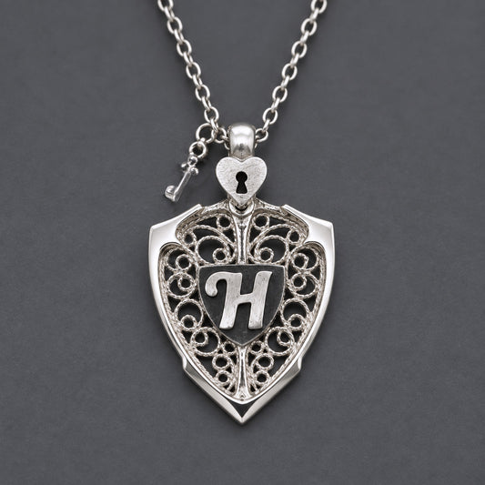Lock - Key & Personalized Monogram Filigree Shield Necklace in Silver