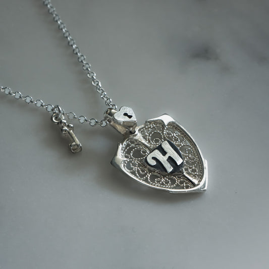 Lock - Key & Personalized Monogram Filigree Shield Necklace in Silver