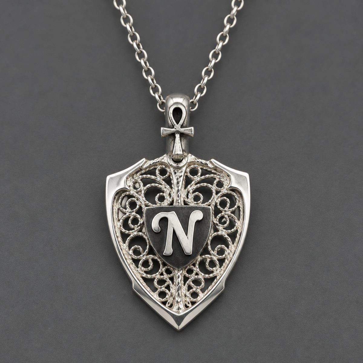 Ankh & Personalized Monogram Filigree Shield Necklace in Silver