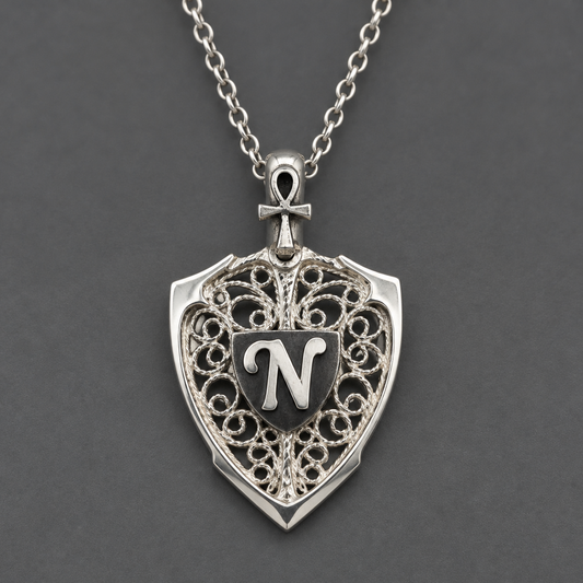 Ankh & Personalized Monogram Filigree Shield Necklace in Silver