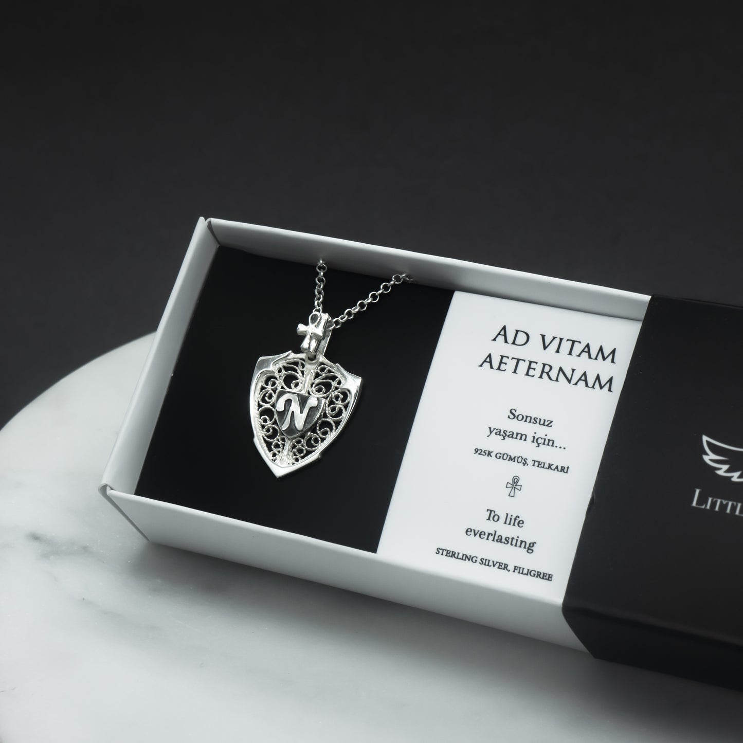 Ankh & Personalized Monogram Filigree Shield Necklace in Silver