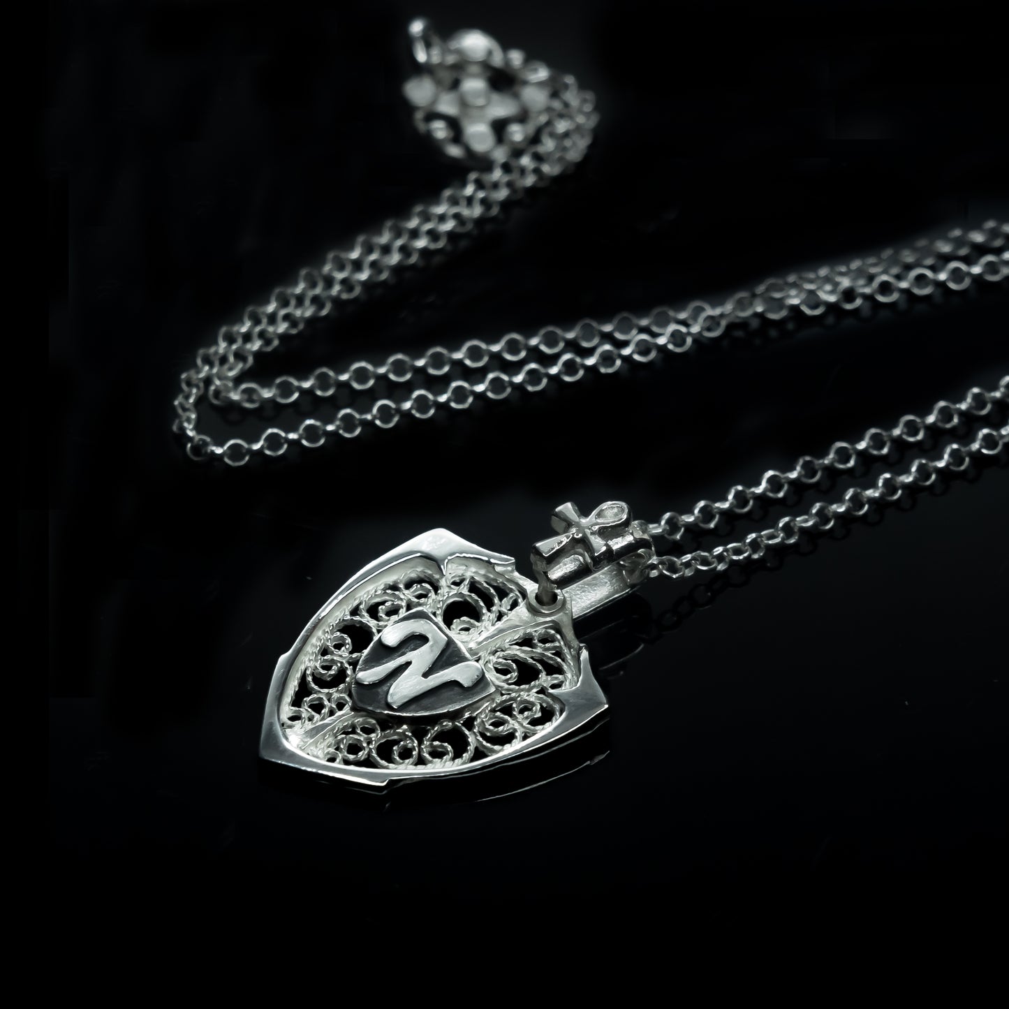 Ankh & Personalized Monogram Filigree Shield Necklace in Silver