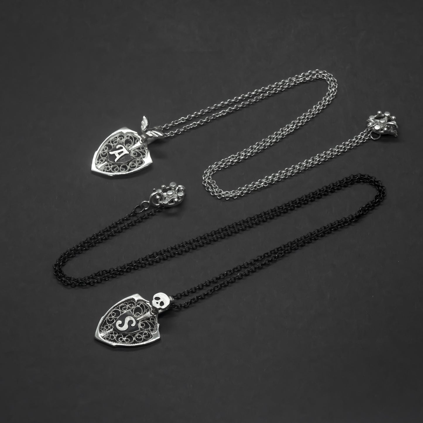 Skull & Personalized Monogram Filigree Shield Necklace in Silver