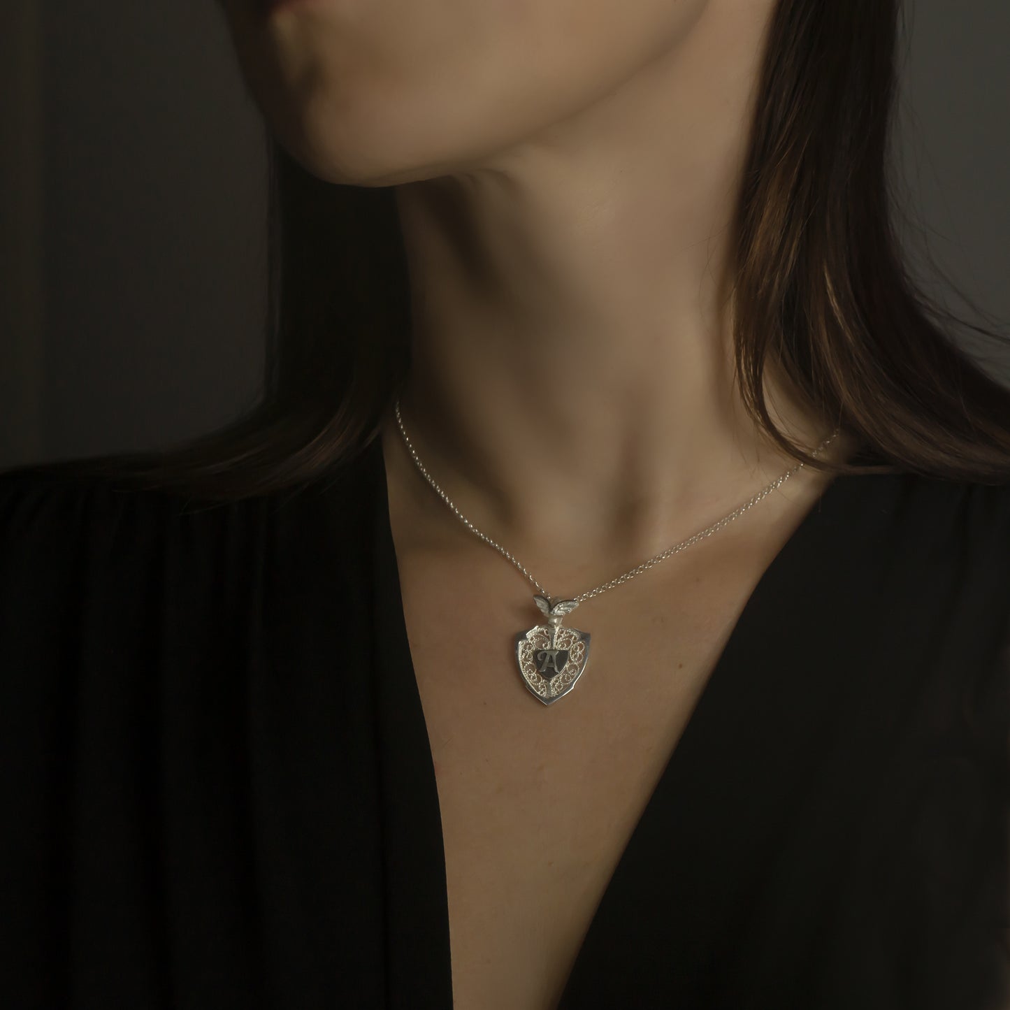 Crowned Heart & Personalized Monogram Filigree Shield Necklace in Silver