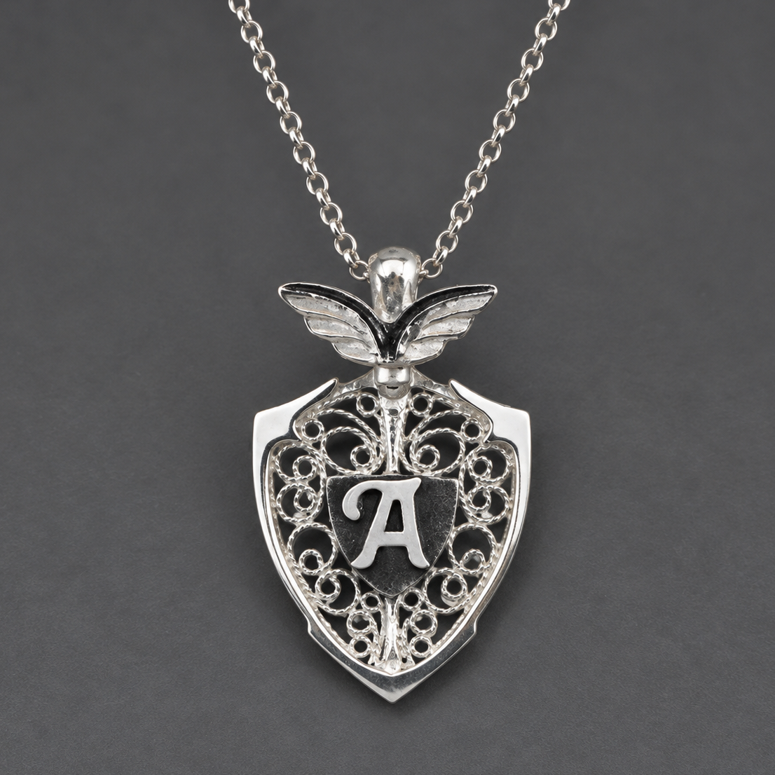 Wing & Personalized Monogram Filigree Shield Necklace in Silver